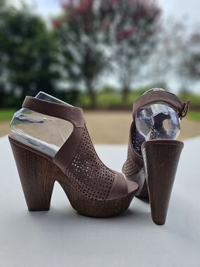 Guess Brown Laser-Cut Platform Heels with Ankle Strap